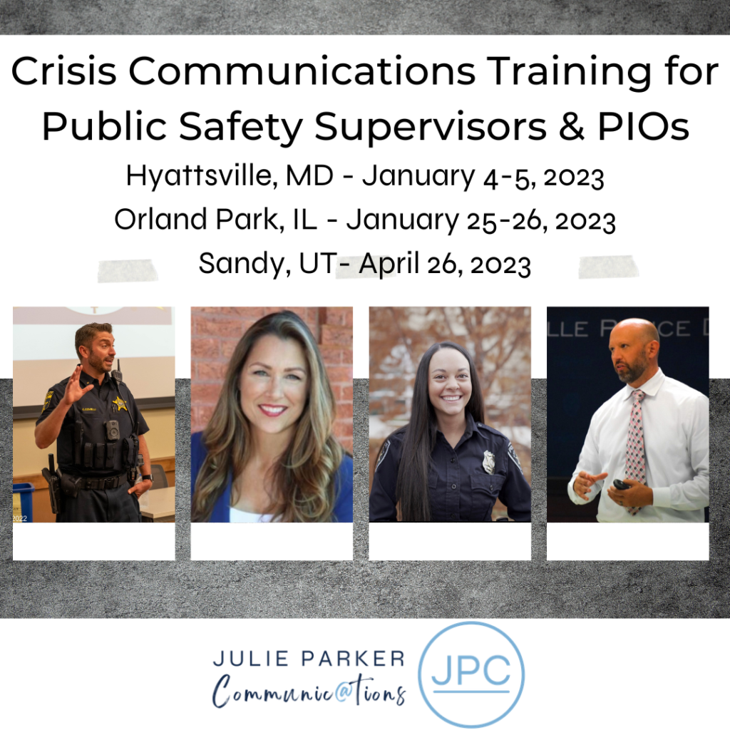 Flyer for upcoming crisis communications trainings from Julie Parker Communications.
